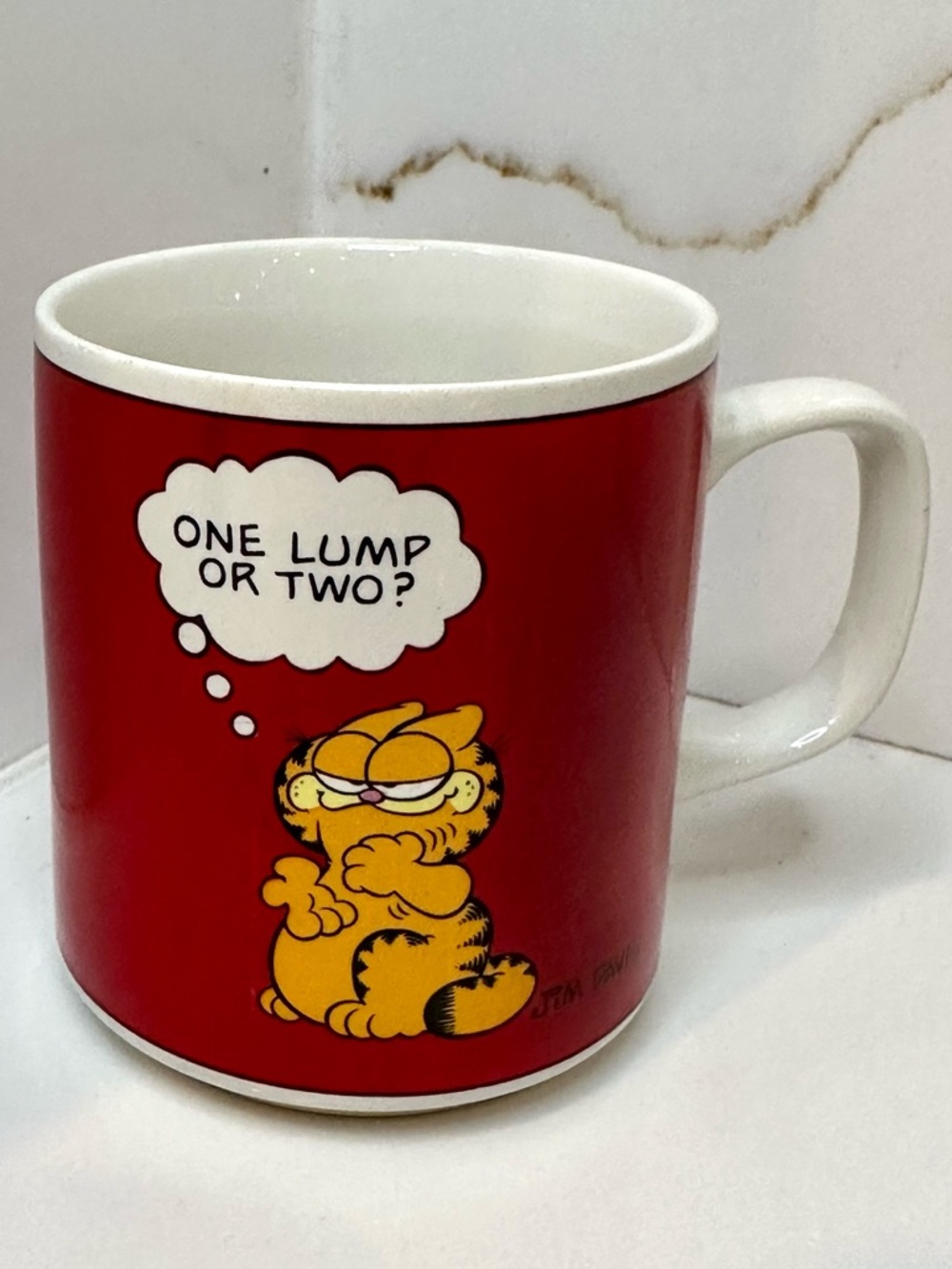 Vintage Jim Davis Garfield Coffee Mug E-7415 One Lump Or Two? Cat Red Cup 1978